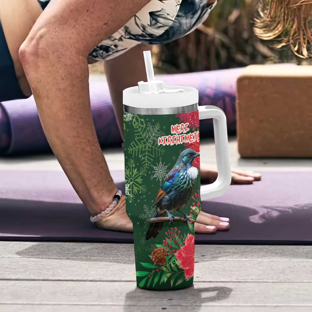 Tui Meri Kirihimete Personalised Tumbler With Handle Pohutukawa Flowers Green Motif - Polynesian Pride