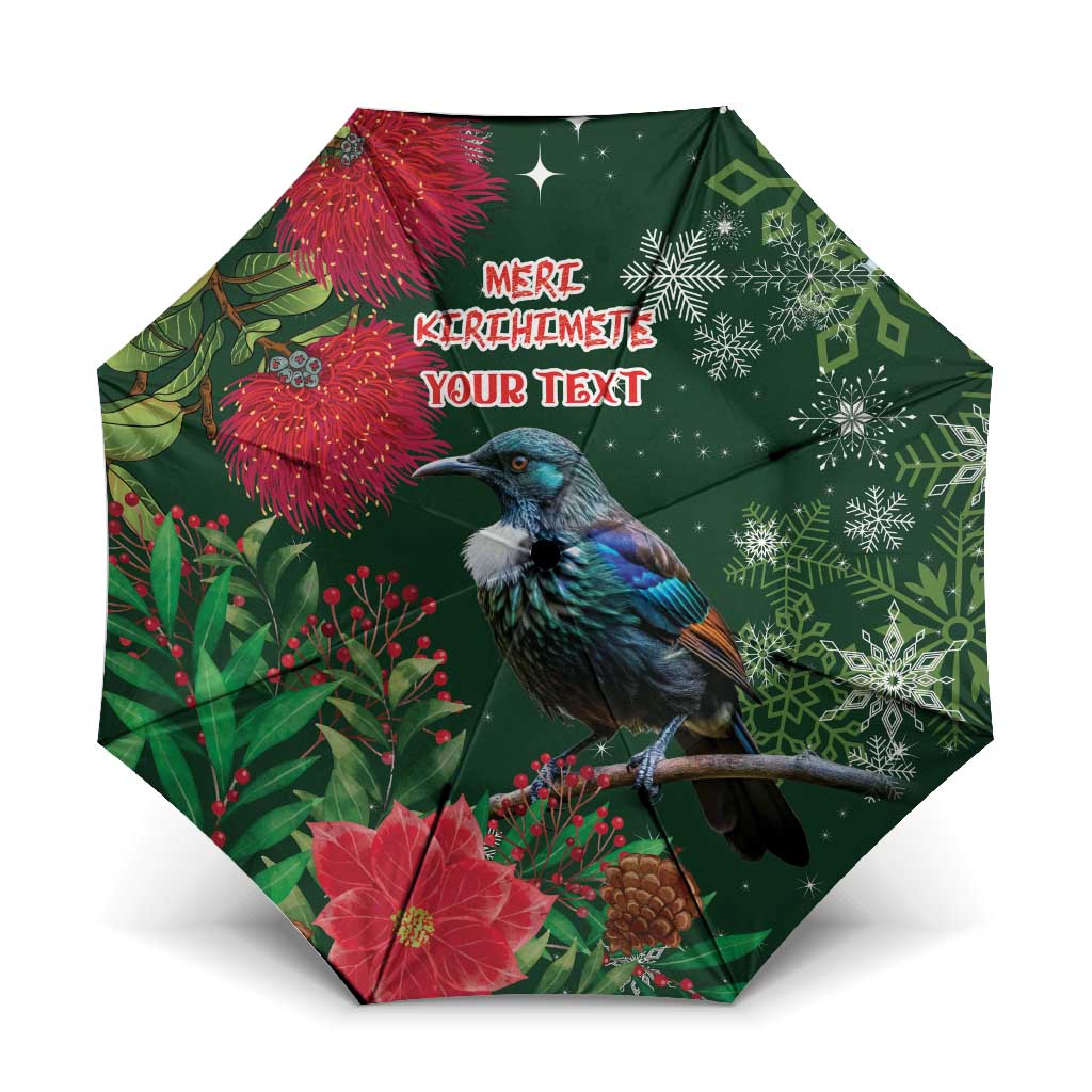 Tui Meri Kirihimete Personalised Umbrella Pohutukawa Flowers Green Motif - Polynesian Pride