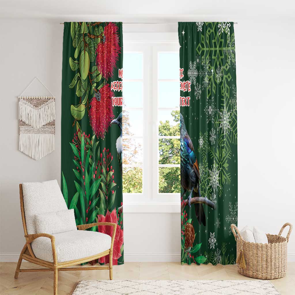 Tui Meri Kirihimete Personalised Window Curtain Pohutukawa Flowers Green Motif - Polynesian Pride