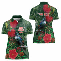 Tui Meri Kirihimete Personalised Women Polo Shirt Pohutukawa Flowers Green Motif - Polynesian Pride
