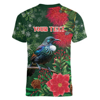 Tui Meri Kirihimete Personalised Women V-Neck T-Shirt Pohutukawa Flowers Green Motif - Polynesian Pride