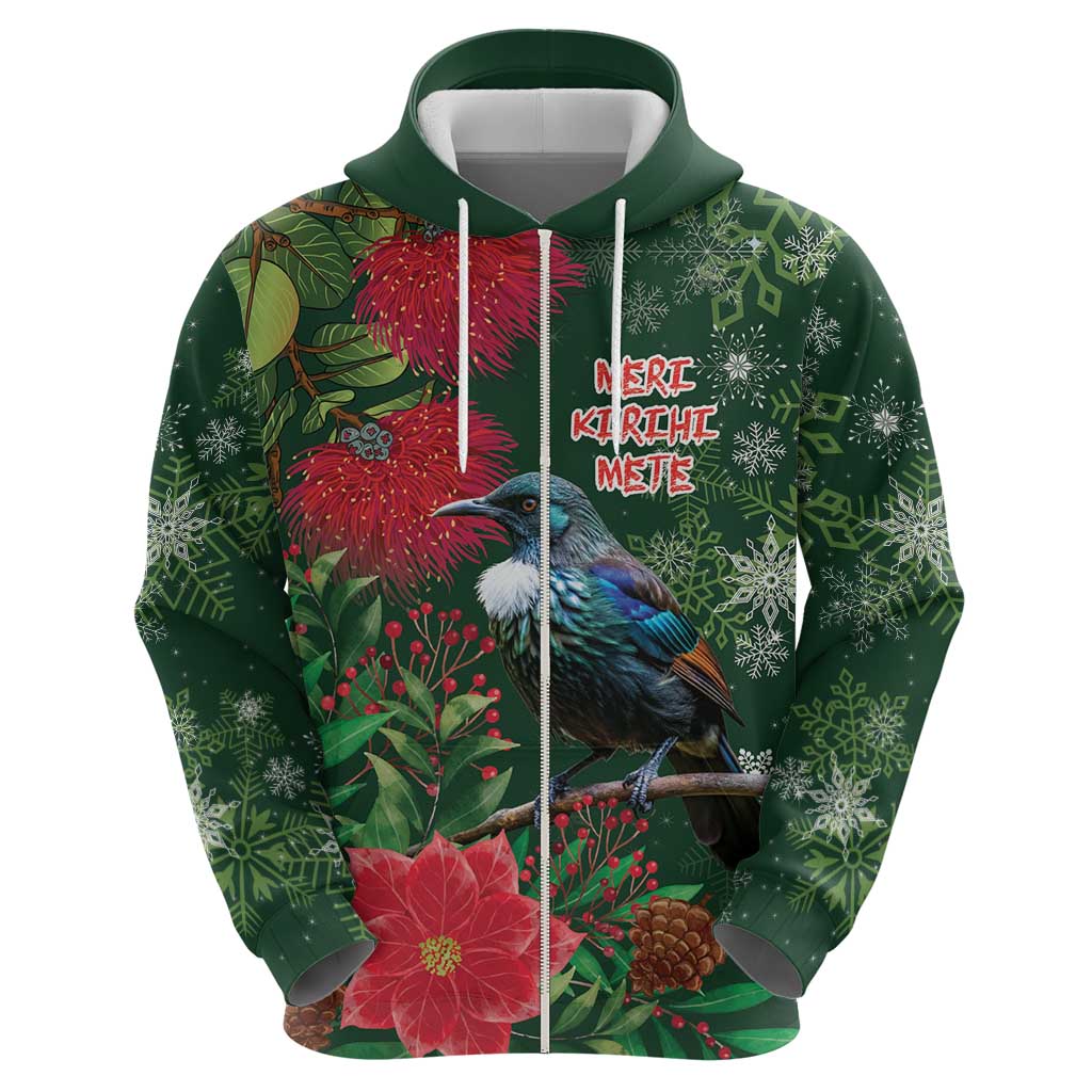 Tui Meri Kirihimete Personalised Zip Hoodie Pohutukawa Flowers Green Motif - Polynesian Pride