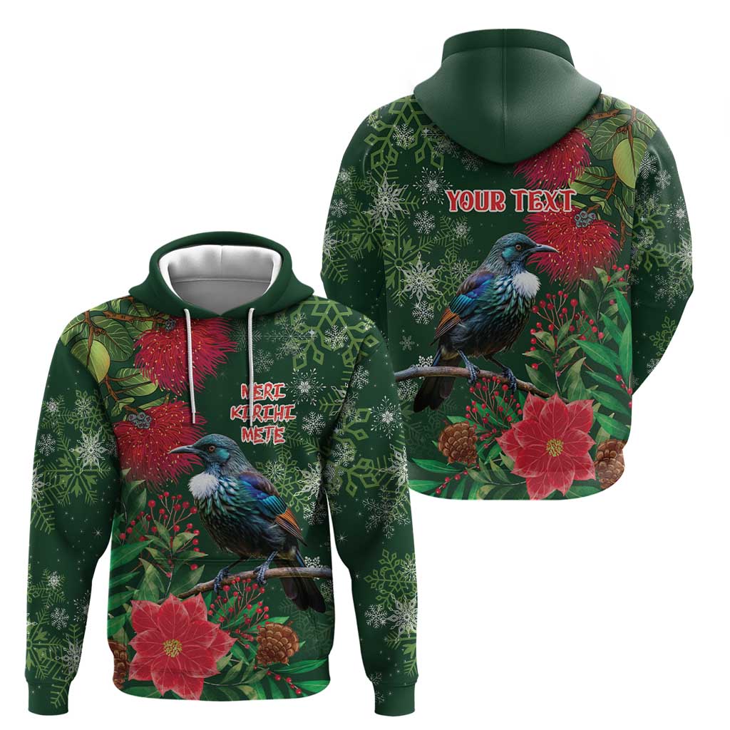 Tui Meri Kirihimete Personalised Zip Hoodie Pohutukawa Flowers Green Motif - Polynesian Pride
