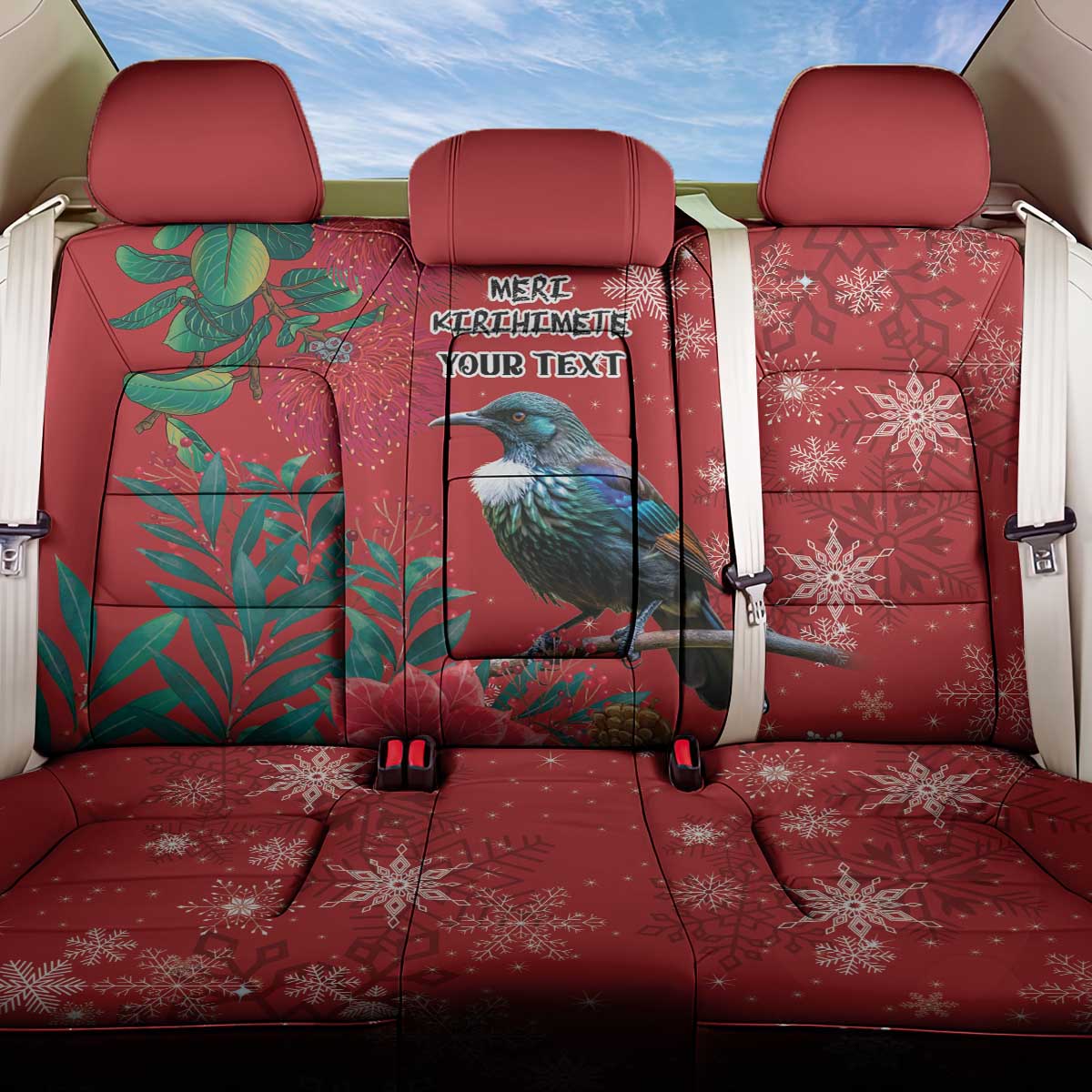 Tui Meri Kirihimete Personalised Back Car Seat Cover Pohutukawa Flowers Red Motif - Polynesian Pride