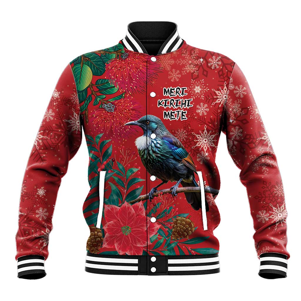 Tui Meri Kirihimete Personalised Baseball Jacket Pohutukawa Flowers Red Motif LT9 Unisex Red - Polynesian Pride