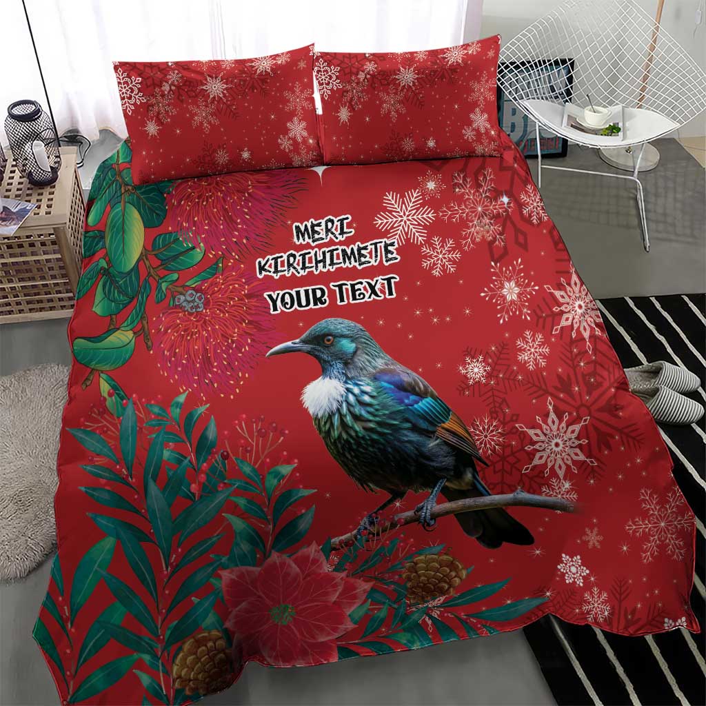 Tui Meri Kirihimete Personalised Bedding Set Pohutukawa Flowers Red Motif - Polynesian Pride