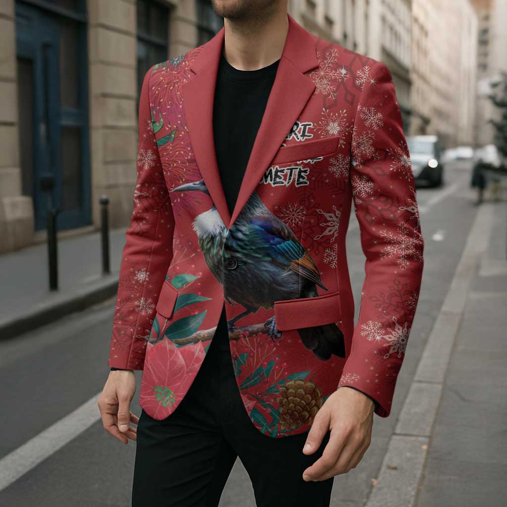 Tui Meri Kirihimete Personalised Blazer Pohutukawa Flowers Red Motif LT9 - Polynesian Pride
