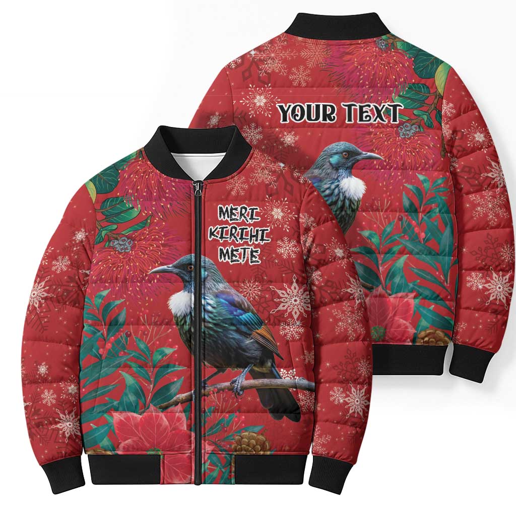 Tui Meri Kirihimete Personalised Bomber Puffer Jacket Pohutukawa Flowers Red Motif LT9 - Polynesian Pride