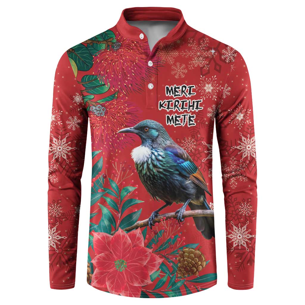 Tui Meri Kirihimete Personalised Button Sweatshirt Pohutukawa Flowers Red Motif LT9 Red - Polynesian Pride