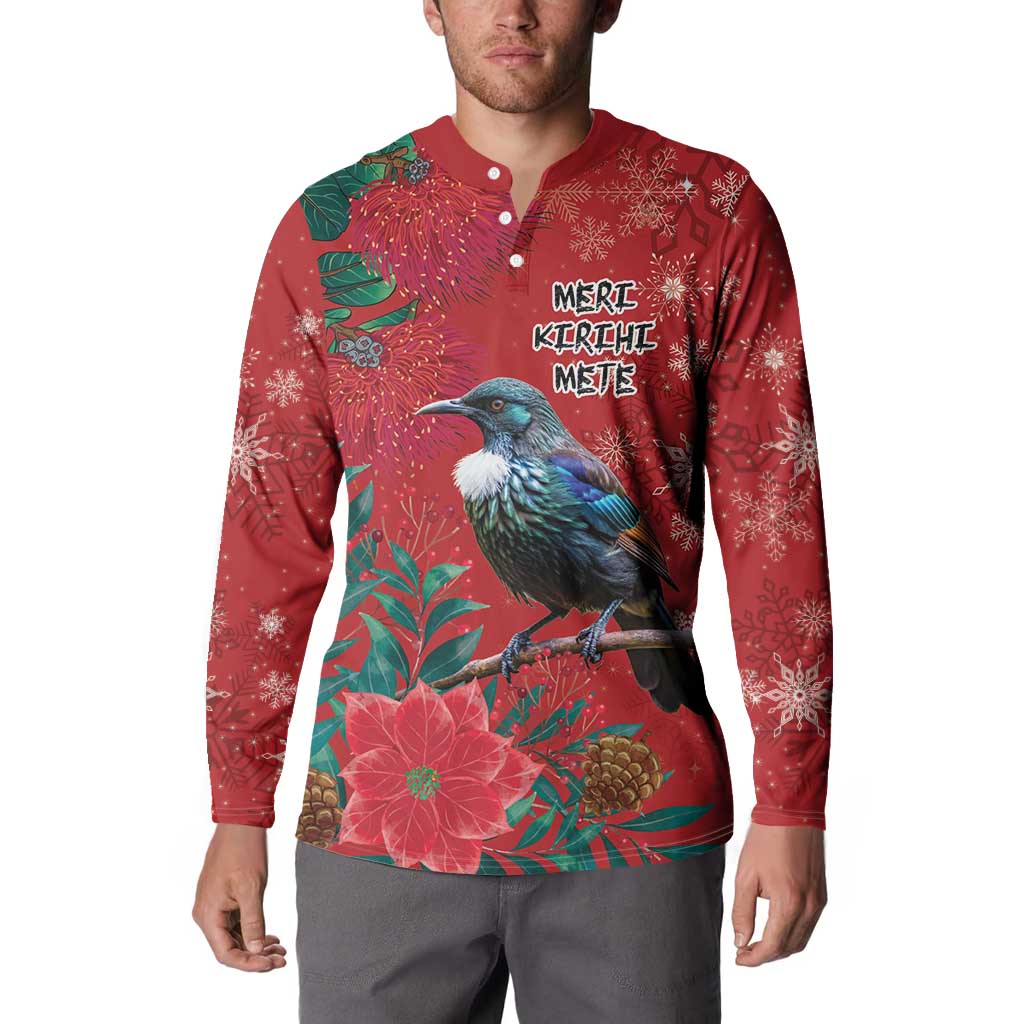 Tui Meri Kirihimete Personalised Button Sweatshirt Pohutukawa Flowers Red Motif LT9 - Polynesian Pride