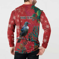 Tui Meri Kirihimete Personalised Button Sweatshirt Pohutukawa Flowers Red Motif LT9 - Polynesian Pride
