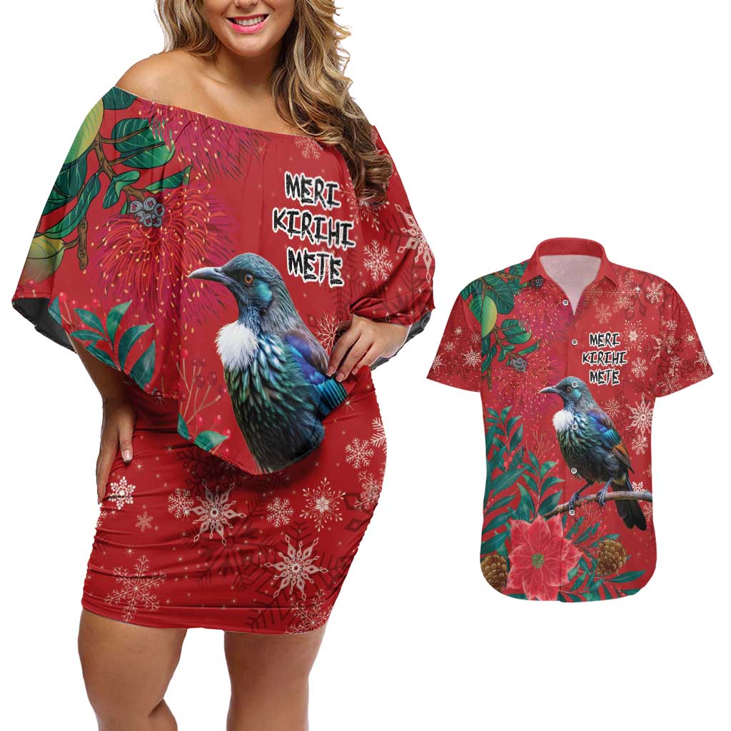 Tui Meri Kirihimete Personalised Couples Matching Off Shoulder Short Dress and Hawaiian Shirt Pohutukawa Flowers Red Motif - Polynesian Pride