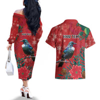 Tui Meri Kirihimete Personalised Couples Matching Off The Shoulder Long Sleeve Dress and Hawaiian Shirt Pohutukawa Flowers Red Motif - Polynesian Pride