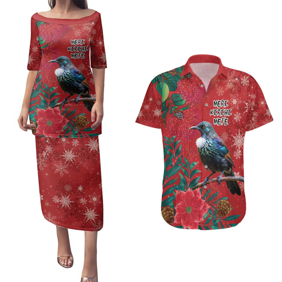 Tui Meri Kirihimete Personalised Couples Matching Puletasi and Hawaiian Shirt Pohutukawa Flowers Red Motif - Polynesian Pride