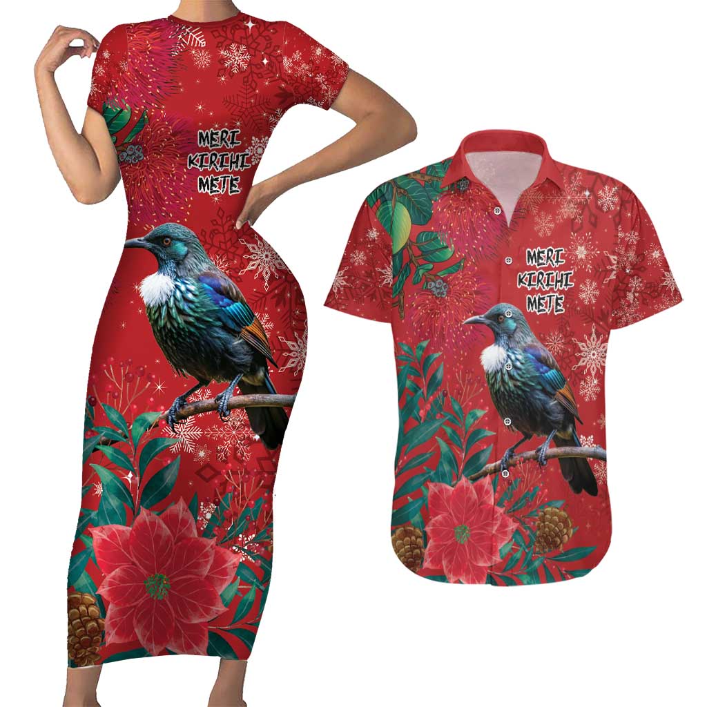 Tui Meri Kirihimete Personalised Couples Matching Short Sleeve Bodycon Dress and Hawaiian Shirt Pohutukawa Flowers Red Motif - Polynesian Pride