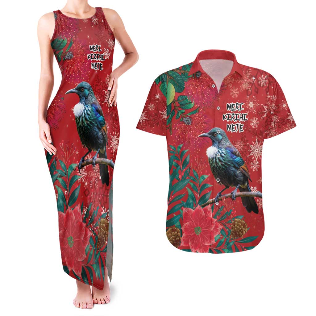 Tui Meri Kirihimete Personalised Couples Matching Tank Maxi Dress and Hawaiian Shirt Pohutukawa Flowers Red Motif - Polynesian Pride
