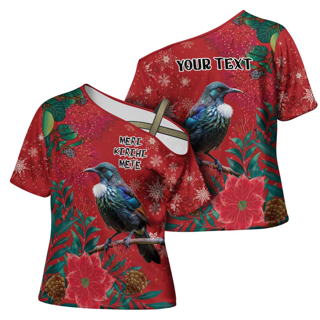 Tui Meri Kirihimete Personalised Cross Shoulder Shirt Pohutukawa Flowers Red Motif LT9 - Polynesian Pride
