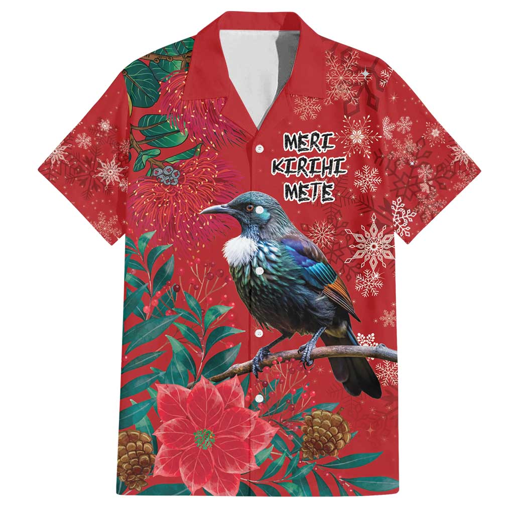 Tui Meri Kirihimete Personalised Family Matching Long Sleeve Bodycon Dress and Hawaiian Shirt Pohutukawa Flowers Red Motif - Polynesian Pride