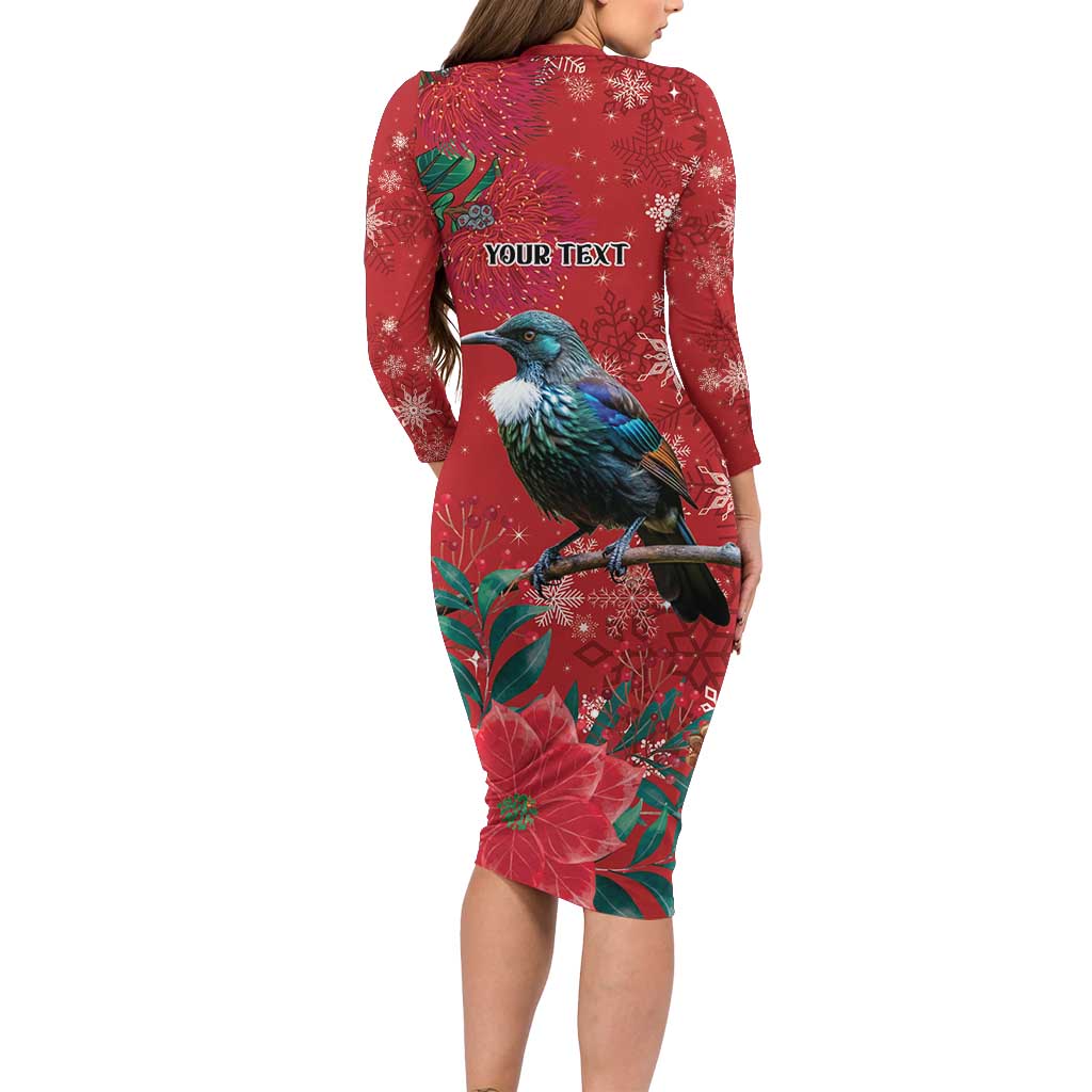 Tui Meri Kirihimete Personalised Family Matching Long Sleeve Bodycon Dress and Hawaiian Shirt Pohutukawa Flowers Red Motif - Polynesian Pride
