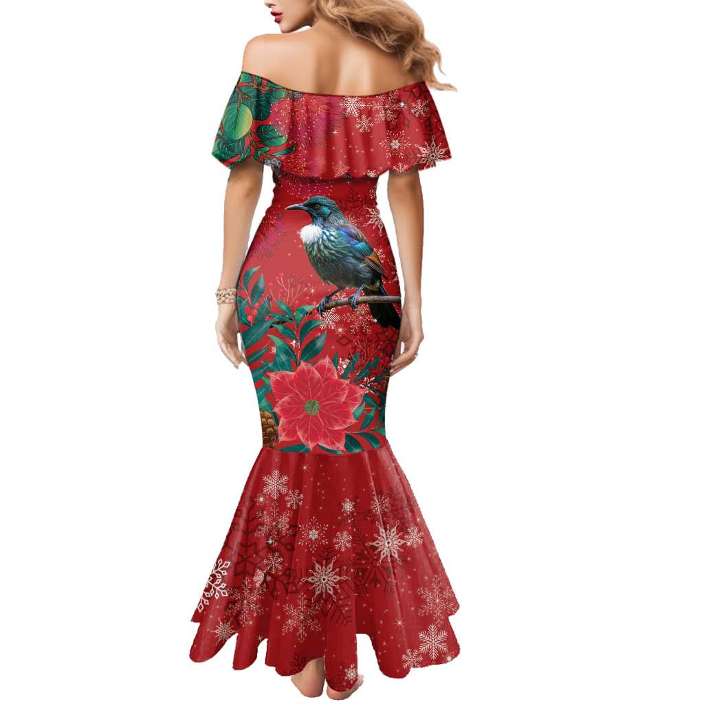 Tui Meri Kirihimete Personalised Family Matching Mermaid Dress and Hawaiian Shirt Pohutukawa Flowers Red Motif - Polynesian Pride