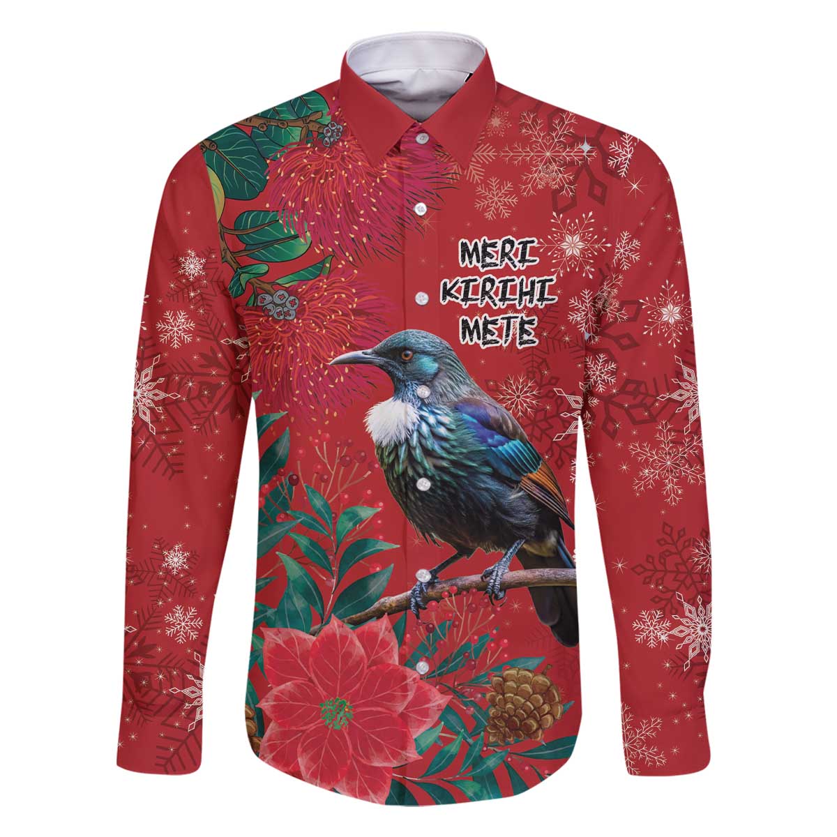 Tui Meri Kirihimete Personalised Family Matching Off The Shoulder Long Sleeve Dress and Hawaiian Shirt Pohutukawa Flowers Red Motif - Polynesian Pride