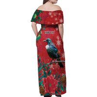 Tui Meri Kirihimete Personalised Family Matching Off Shoulder Maxi Dress and Hawaiian Shirt Pohutukawa Flowers Red Motif - Polynesian Pride