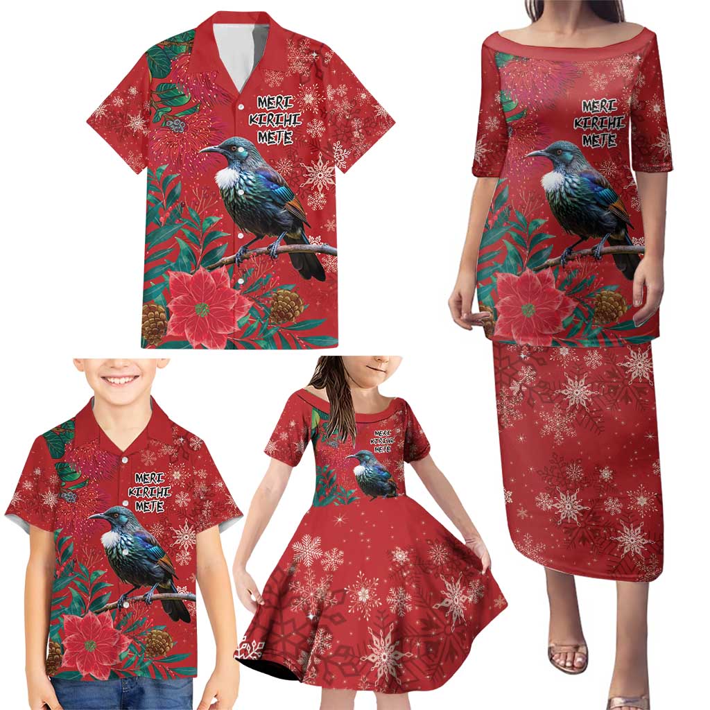 Tui Meri Kirihimete Personalised Family Matching Puletasi and Hawaiian Shirt Pohutukawa Flowers Red Motif LT9 - Polynesian Pride