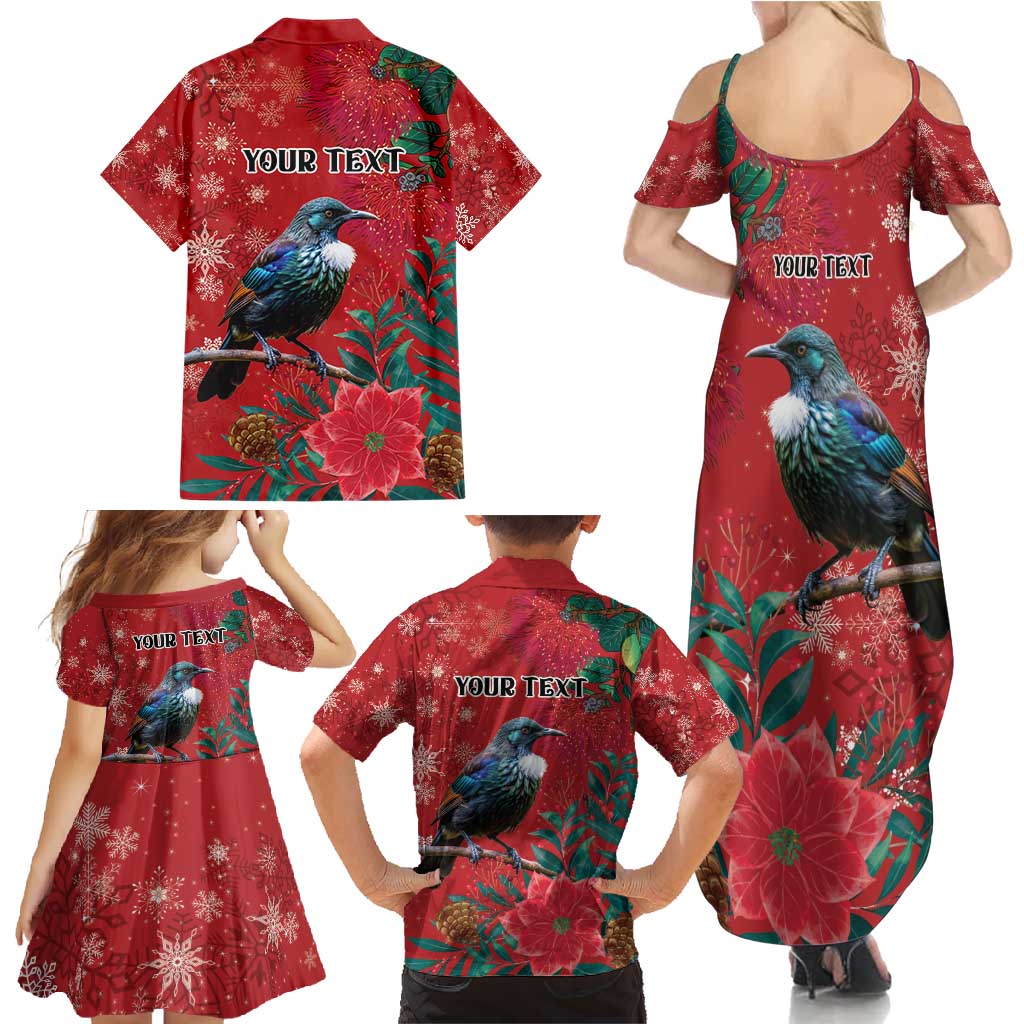 Tui Meri Kirihimete Personalised Family Matching Summer Maxi Dress and Hawaiian Shirt Pohutukawa Flowers Red Motif - Polynesian Pride