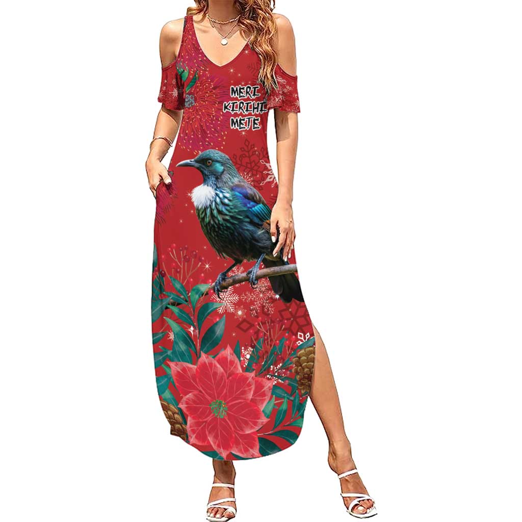 Tui Meri Kirihimete Personalised Family Matching Summer Maxi Dress and Hawaiian Shirt Pohutukawa Flowers Red Motif - Polynesian Pride
