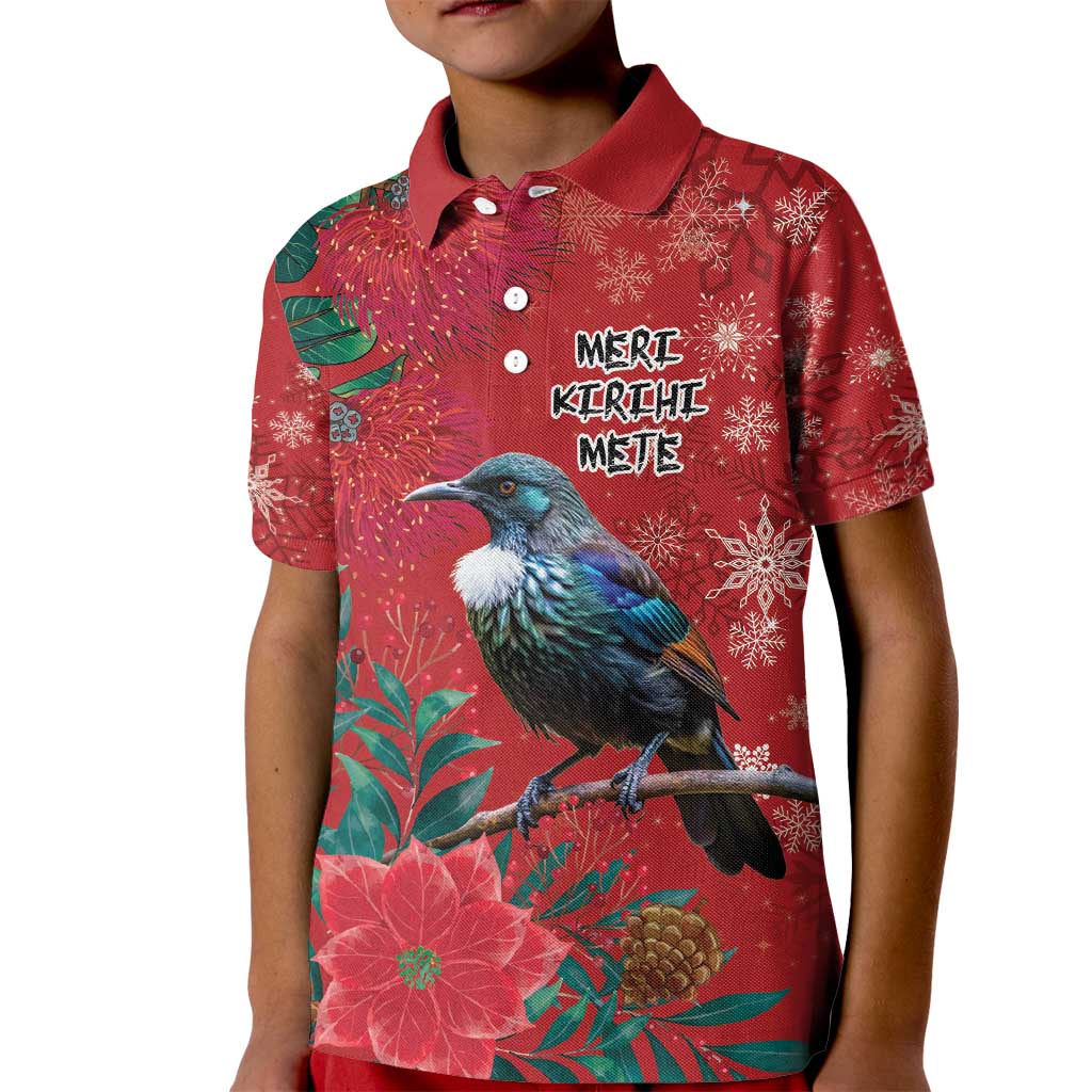 Tui Meri Kirihimete Personalised Kid Polo Shirt Pohutukawa Flowers Red Motif - Polynesian Pride