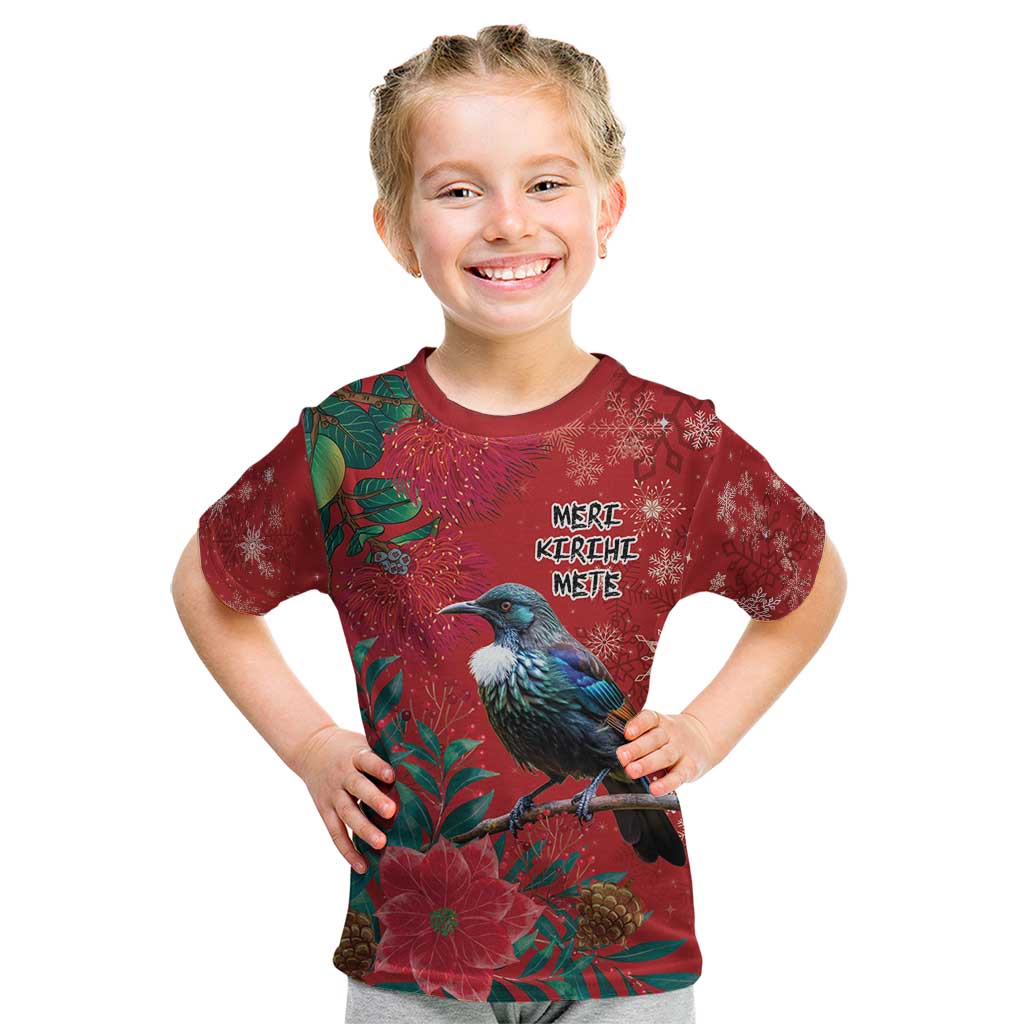 Tui Meri Kirihimete Personalised Kid T Shirt Pohutukawa Flowers Red Motif - Polynesian Pride