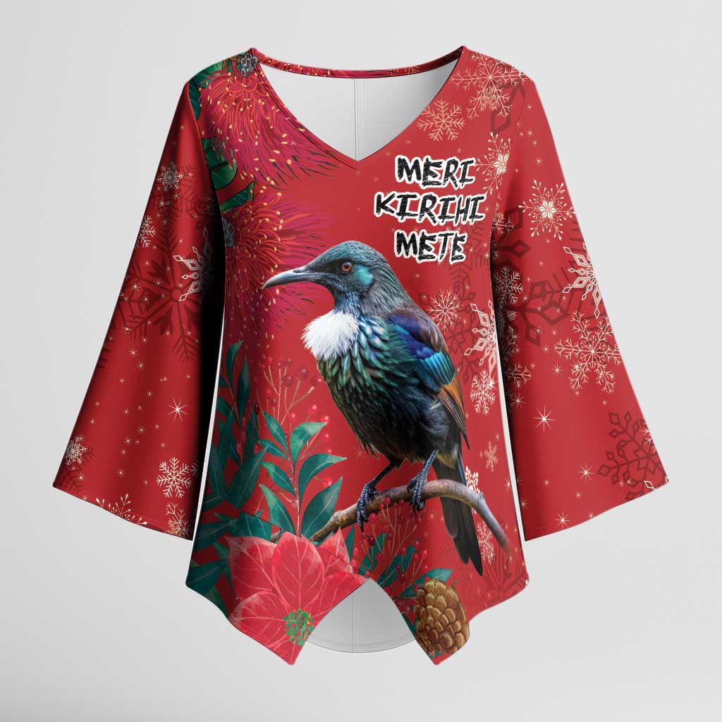 Tui Meri Kirihimete Personalised Kimono Sleeve Blouse Pohutukawa Flowers Red Motif LT9 Female Red - Polynesian Pride
