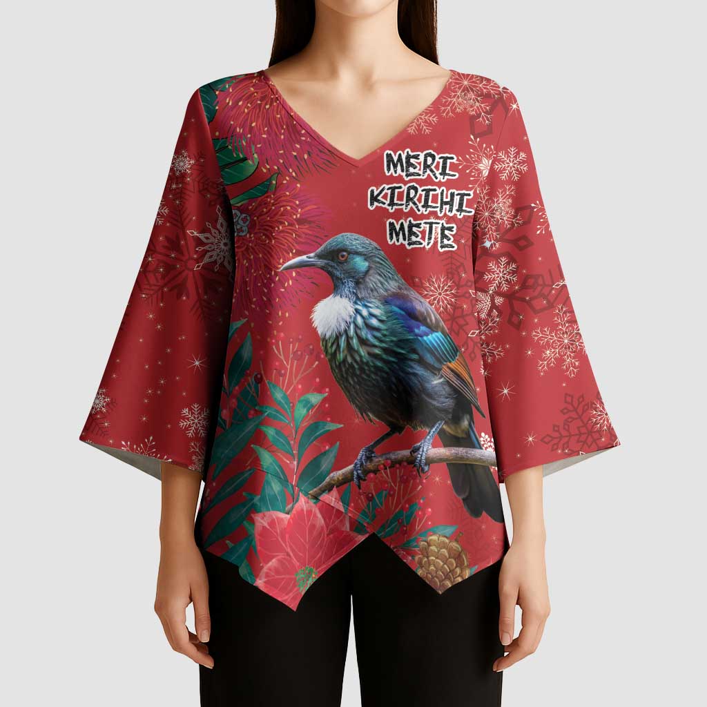 Tui Meri Kirihimete Personalised Kimono Sleeve Blouse Pohutukawa Flowers Red Motif LT9 - Polynesian Pride