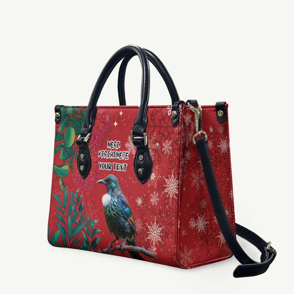 Tui Meri Kirihimete Personalised Leather Bag Pohutukawa Flowers Red Motif - Polynesian Pride
