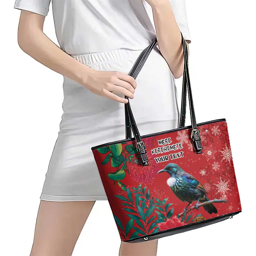 Tui Meri Kirihimete Personalised Leather Tote Bag Pohutukawa Flowers Red Motif - Polynesian Pride