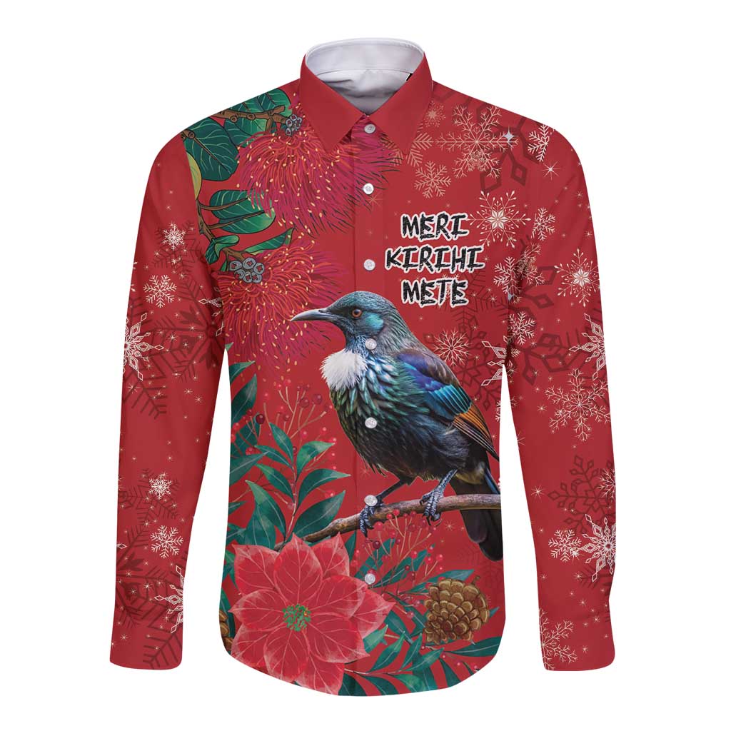 Tui Meri Kirihimete Personalised Long Sleeve Button Shirt Pohutukawa Flowers Red Motif LT9 Unisex Red - Polynesian Pride