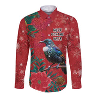 Tui Meri Kirihimete Personalised Long Sleeve Button Shirt Pohutukawa Flowers Red Motif LT9 Unisex Red - Polynesian Pride