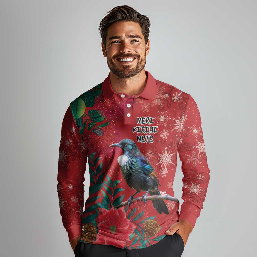 Tui Meri Kirihimete Personalised Long Sleeve Polo Shirt Pohutukawa Flowers Red Motif - Polynesian Pride