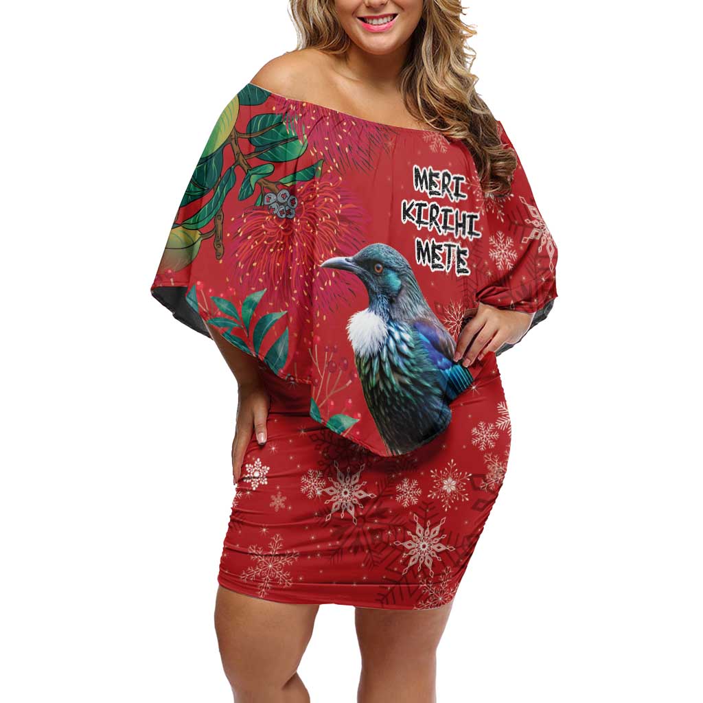 Tui Meri Kirihimete Personalised Off Shoulder Short Dress Pohutukawa Flowers Red Motif - Polynesian Pride