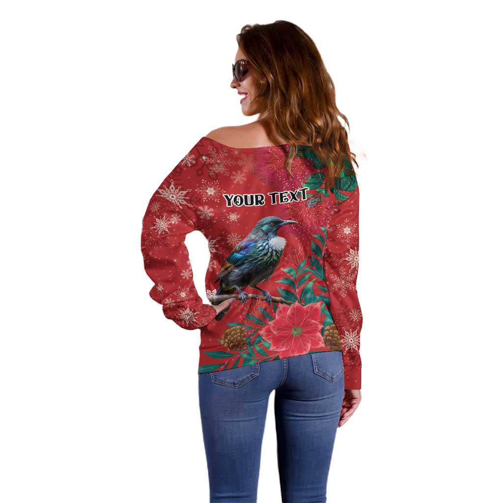 Tui Meri Kirihimete Personalised Off Shoulder Sweater Pohutukawa Flowers Red Motif - Polynesian Pride