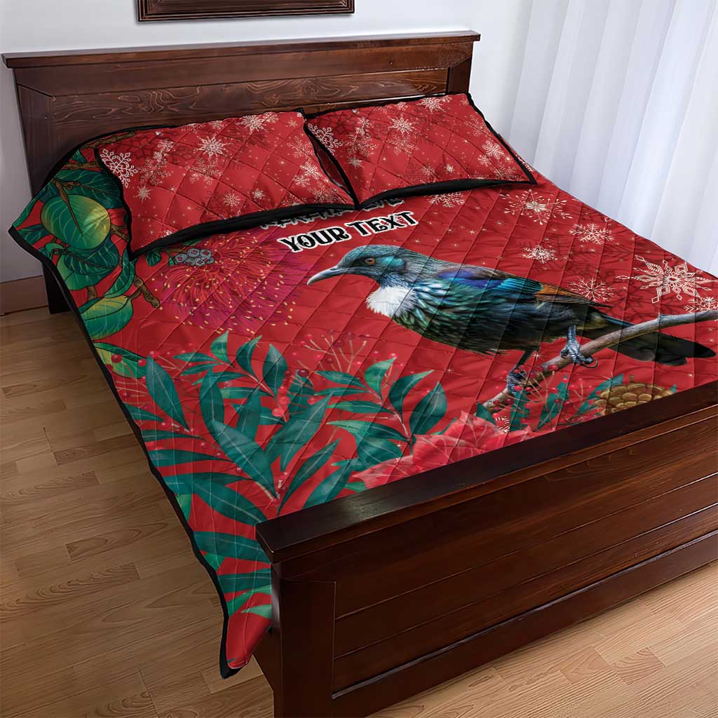 Tui Meri Kirihimete Personalised Quilt Bed Set Pohutukawa Flowers Red Motif - Polynesian Pride