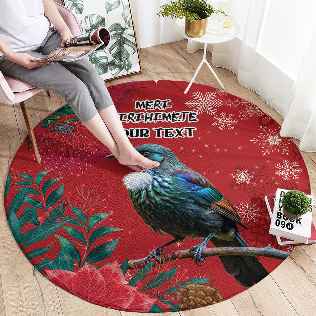Tui Meri Kirihimete Personalised Round Carpet Pohutukawa Flowers Red Motif - Polynesian Pride