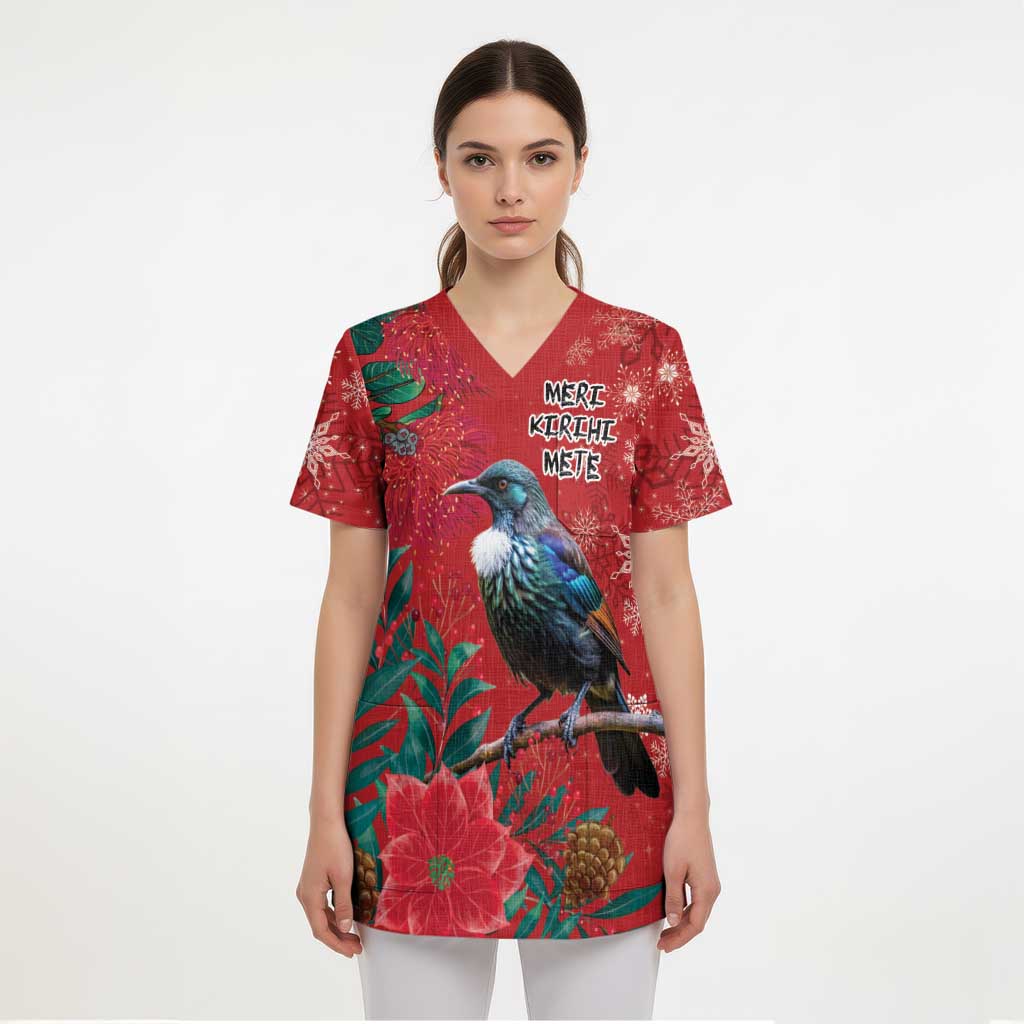 Tui Meri Kirihimete Personalised Scrub Top Pohutukawa Flowers Red Motif LT9 - Polynesian Pride