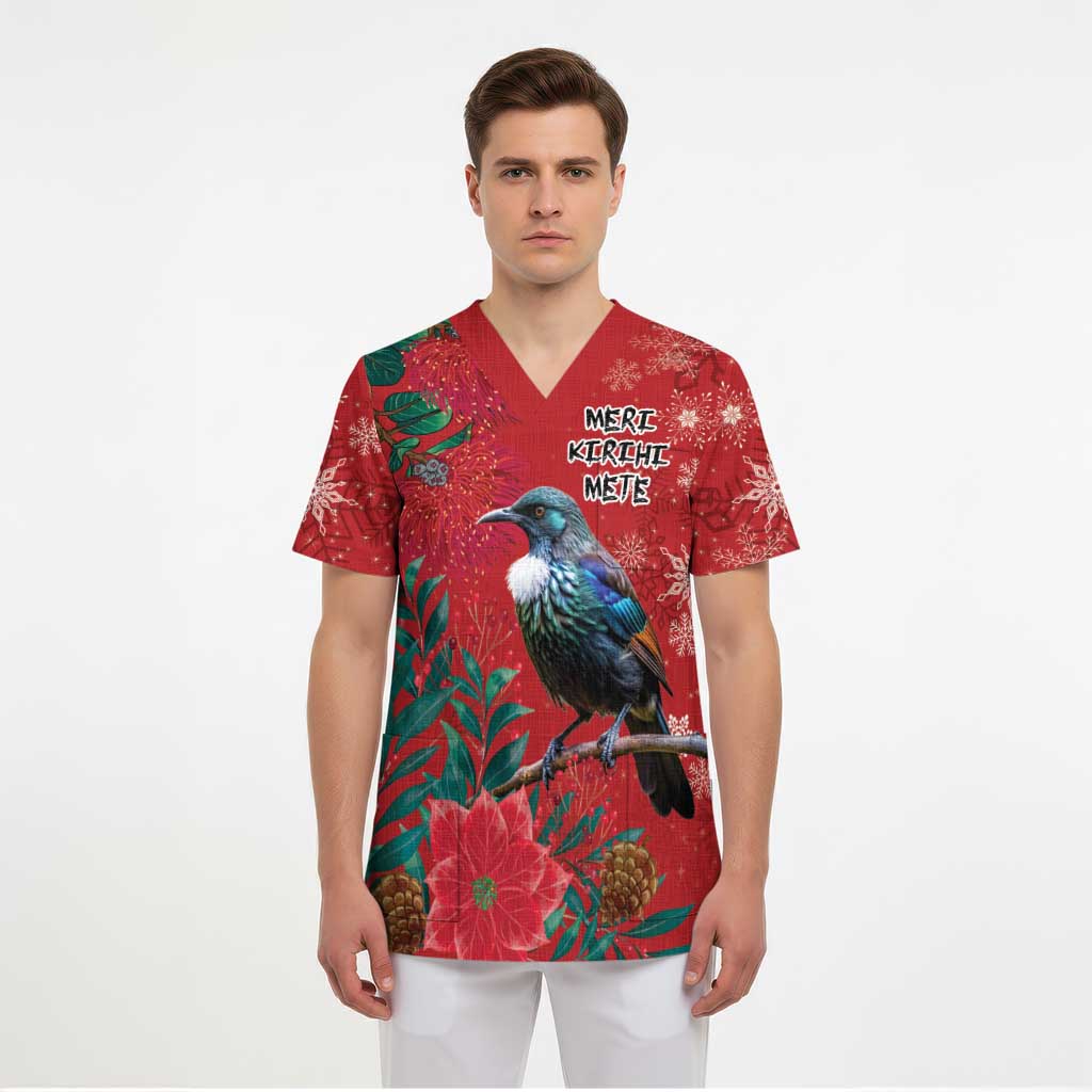 Tui Meri Kirihimete Personalised Scrub Top Pohutukawa Flowers Red Motif LT9 - Polynesian Pride