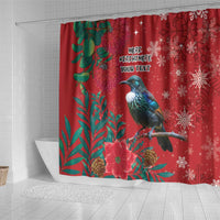 Tui Meri Kirihimete Personalised Shower Curtain Pohutukawa Flowers Red Motif - Polynesian Pride