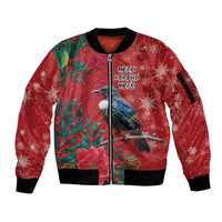 Tui Meri Kirihimete Personalised Sleeve Zip Bomber Jacket Pohutukawa Flowers Red Motif - Polynesian Pride