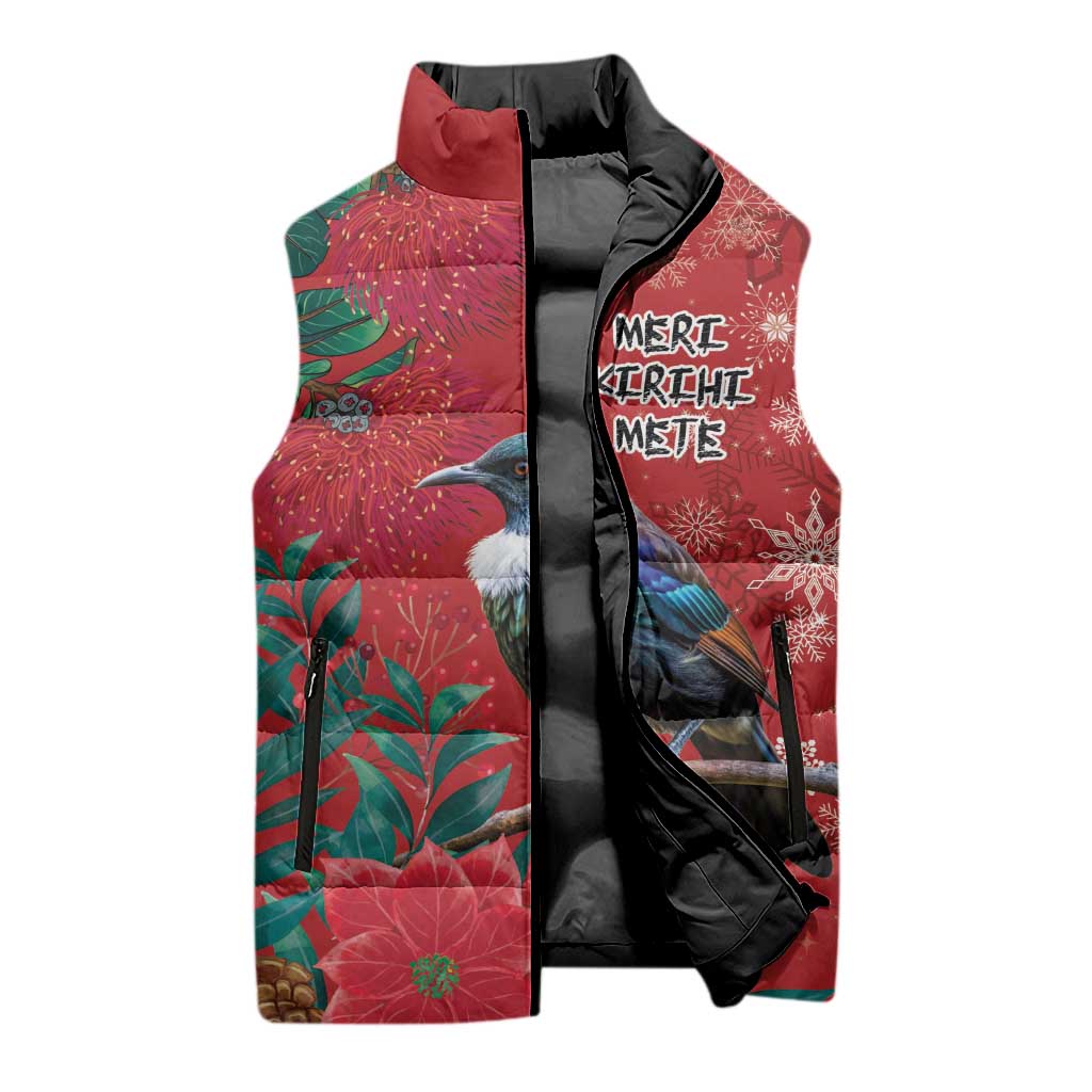 Tui Meri Kirihimete Personalised Sleeveless Puffer Jacket Pohutukawa Flowers Red Motif LT9 - Polynesian Pride