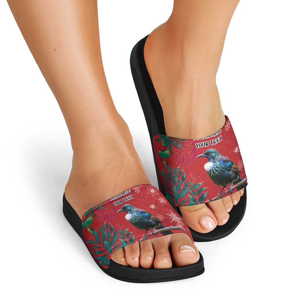 Tui Meri Kirihimete Personalised Slide Sandals Pohutukawa Flowers Red Motif LT9 - Polynesian Pride