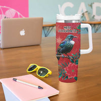 Tui Meri Kirihimete Personalised Tumbler With Handle Pohutukawa Flowers Red Motif - Polynesian Pride