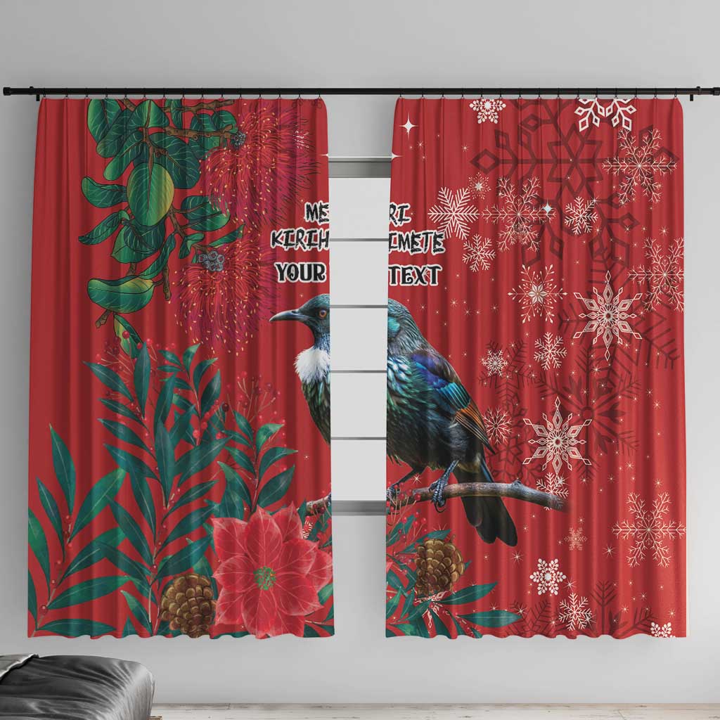 Tui Meri Kirihimete Personalised Window Curtain Pohutukawa Flowers Red Motif - Polynesian Pride